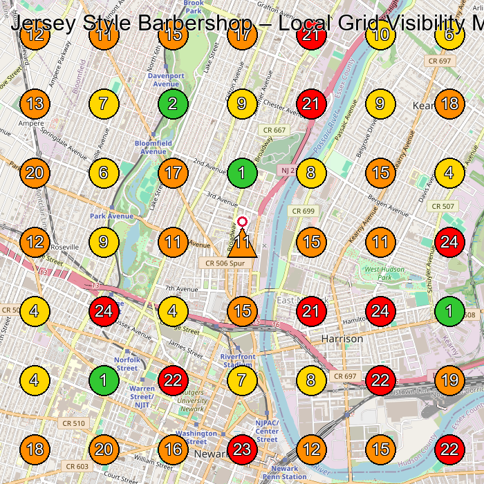 Jersey Style Barbershop Barber Shop GeoGrid ranking map for Newark NJ